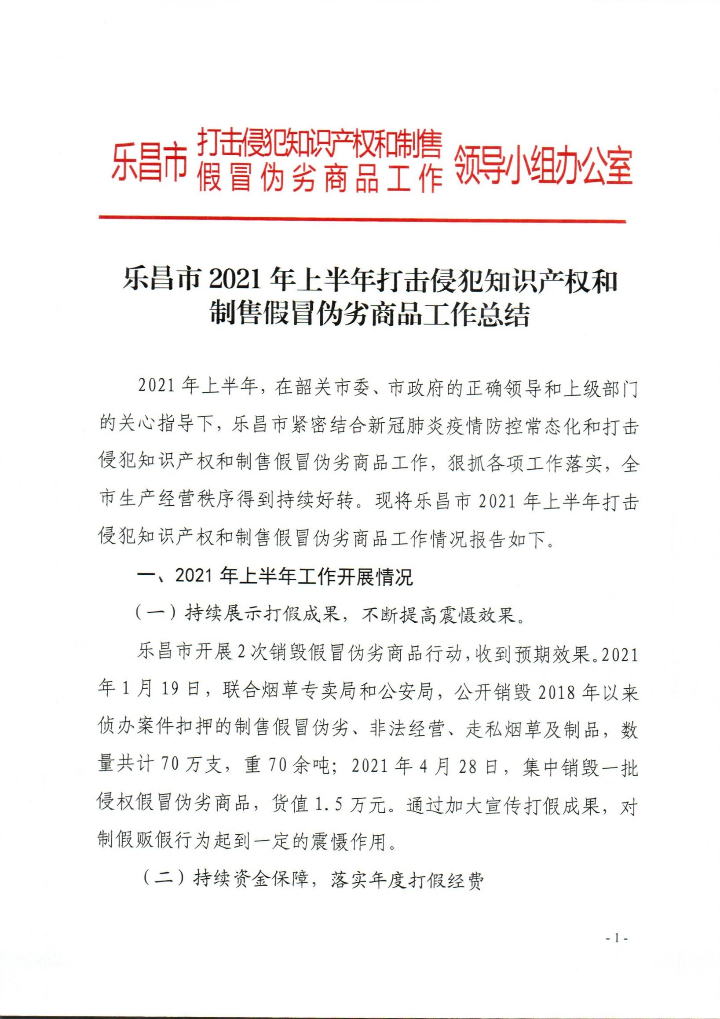 樂昌市2021年上半年打擊侵犯知識產(chǎn)權(quán)和制售假冒偽劣商品工作總結(jié)_0001.jpg